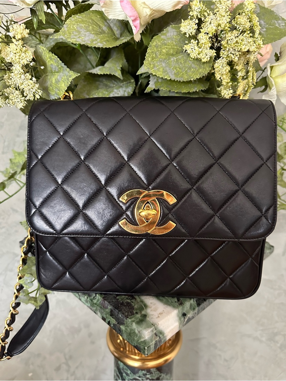 CHANEL Black Quilted Lambskin Shoulder Bag with Gold CC Lock